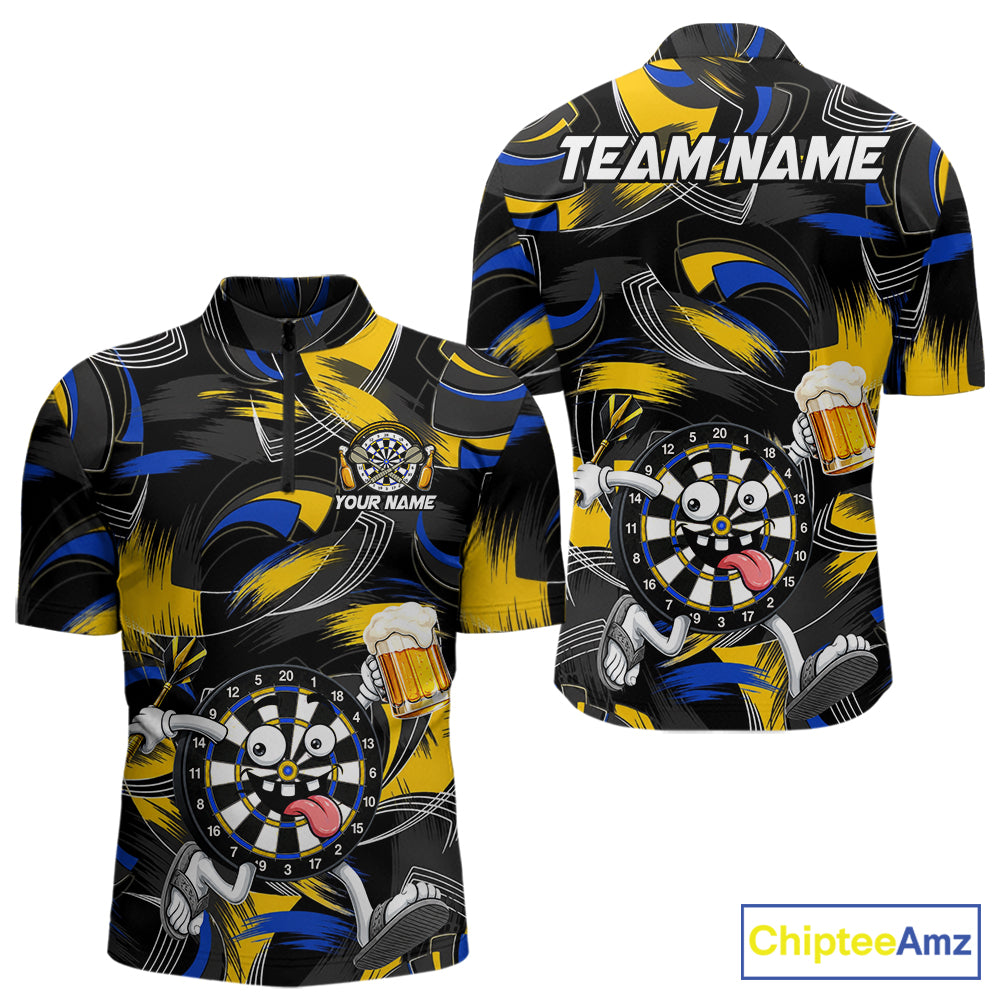 Yellow And Blue Paint Dartboard Funny Beer Darts Team Shirt Custom Darts Polo 1/4-Zip Jersey