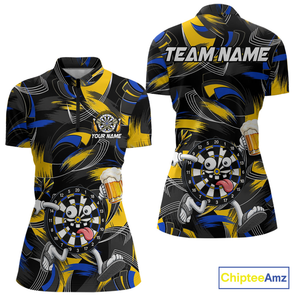 Yellow And Blue Paint Dartboard Funny Beer Darts Team Shirt Custom Darts Polo 1/4-Zip Jersey