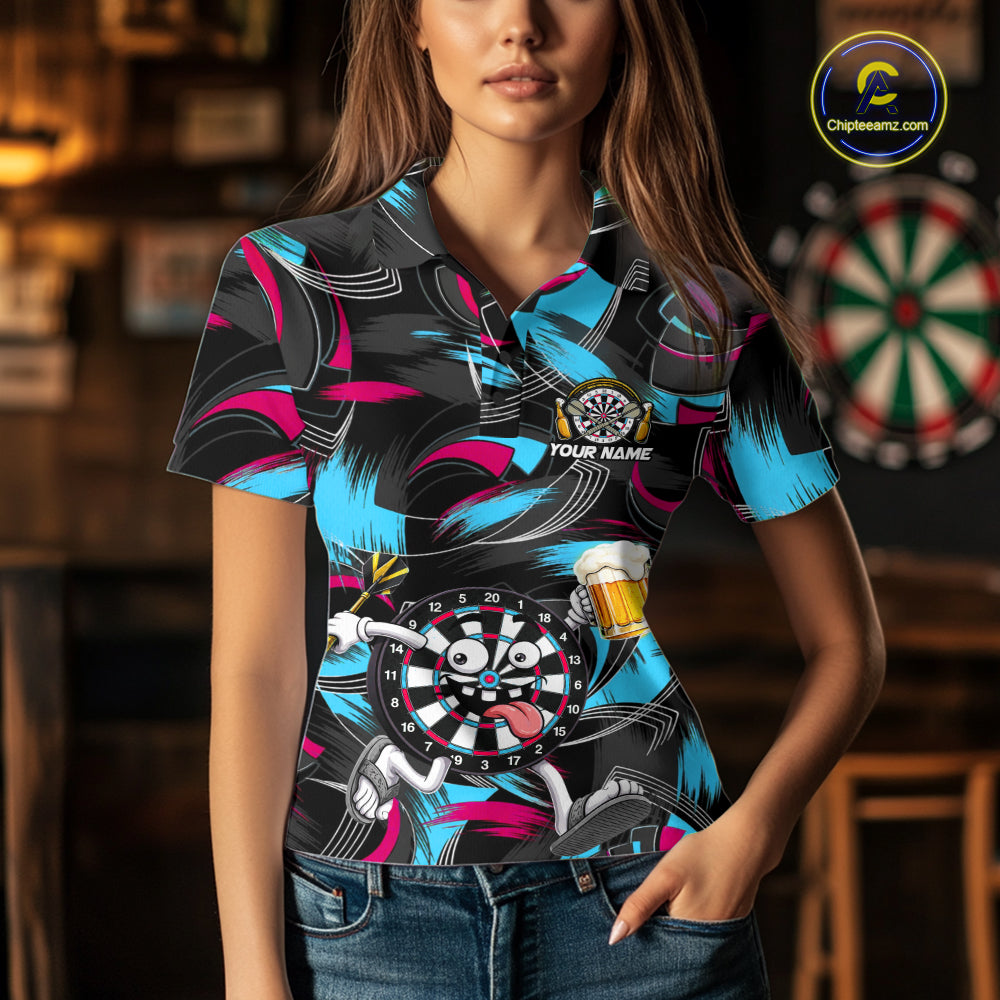 Pink And Teal Paint Dartboard Funny Beer Darts Team Shirt Custom Darts Polo 1/4-Zip Jersey