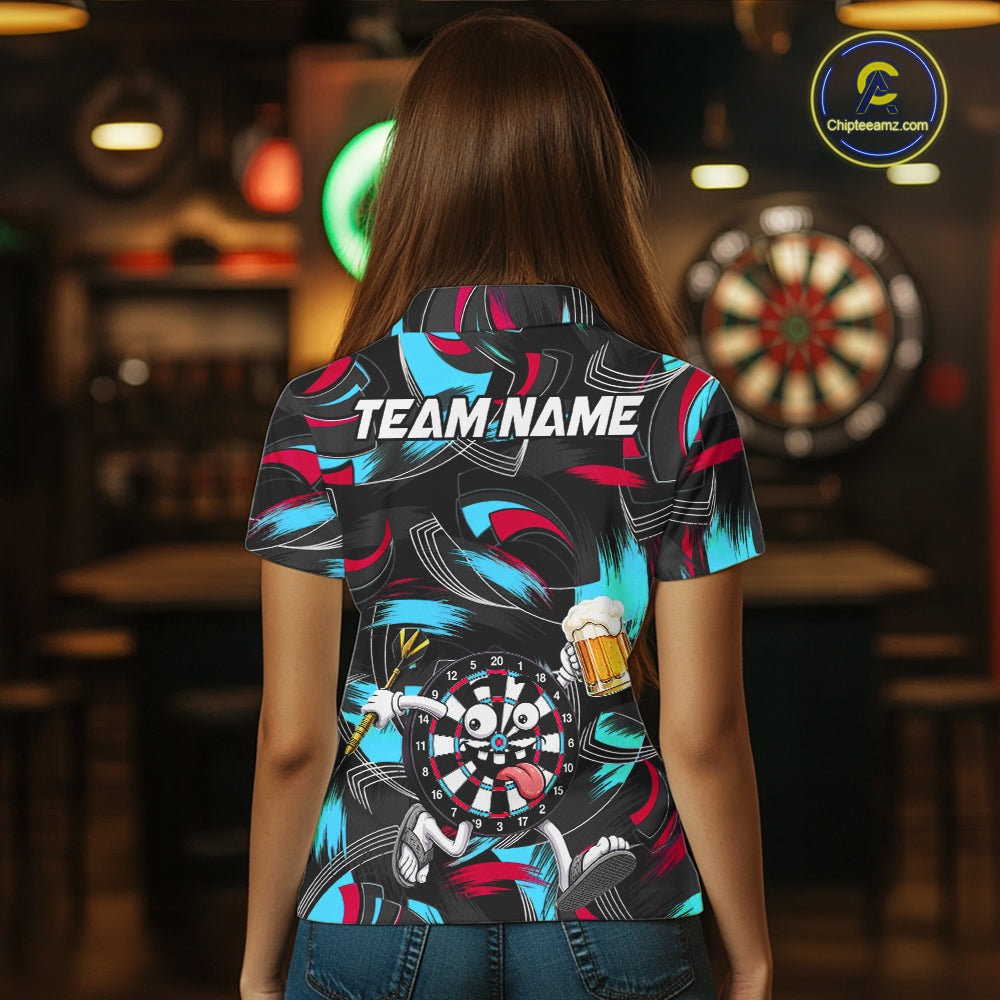 Pink And Teal Paint Dartboard Funny Beer Darts Team Shirt Custom Darts Polo 1/4-Zip Jersey