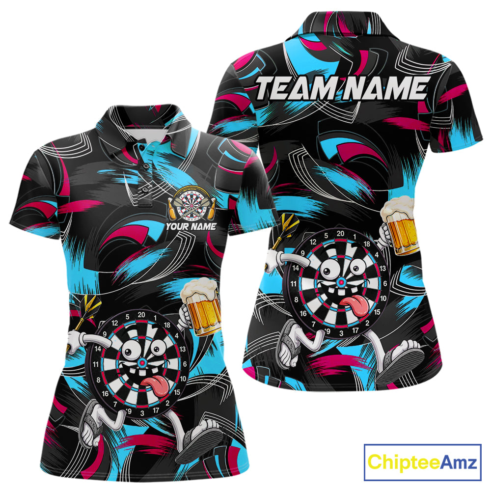 Pink And Teal Paint Dartboard Funny Beer Darts Team Shirt Custom Darts Polo 1/4-Zip Jersey