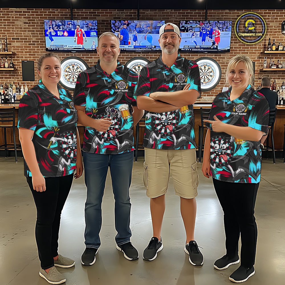 Pink And Teal Paint Dartboard Funny Beer Darts Team Shirt Custom Darts Polo 1/4-Zip Jersey
