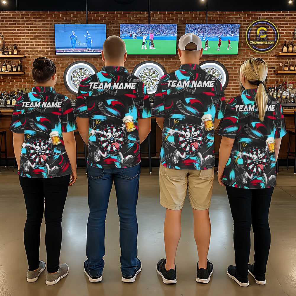 Pink And Teal Paint Dartboard Funny Beer Darts Team Shirt Custom Darts Polo 1/4-Zip Jersey