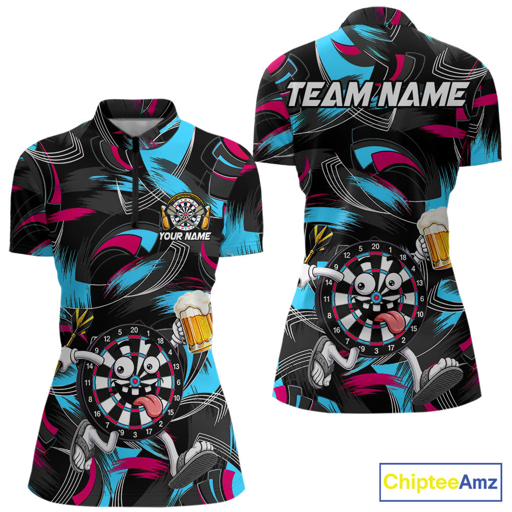 Pink And Teal Paint Dartboard Funny Beer Darts Team Shirt Custom Darts Polo 1/4-Zip Jersey