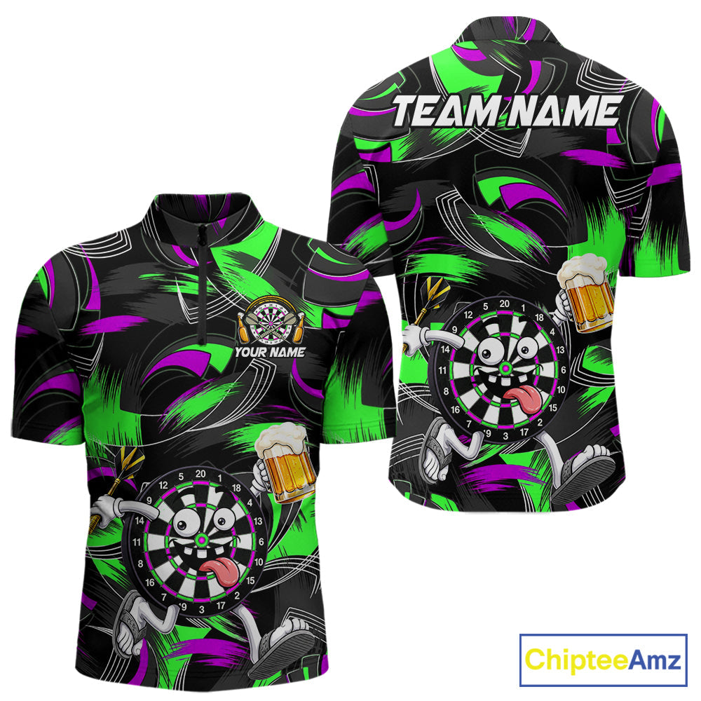 Purple And Green Paint Dartboard Funny Beer Darts Team Shirt Custom Darts Polo 1/4-Zip Jersey