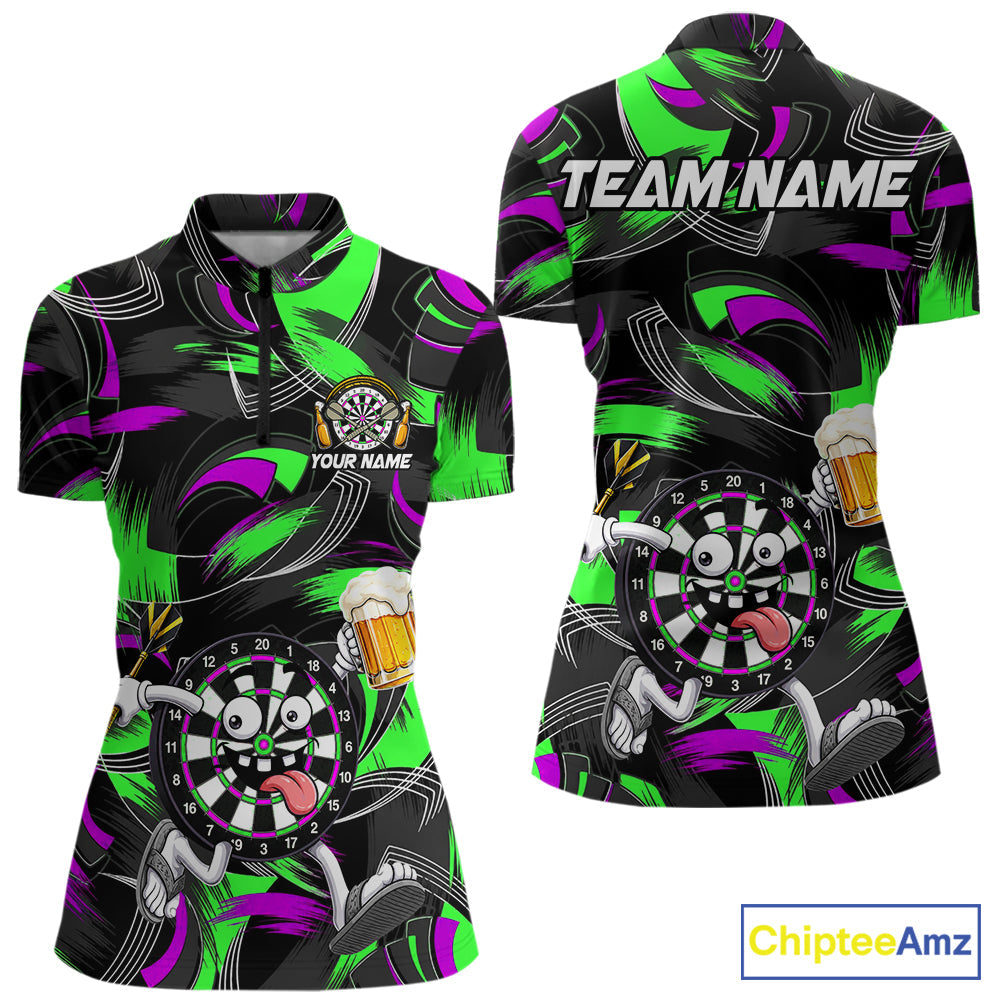 Purple And Green Paint Dartboard Funny Beer Darts Team Shirt Custom Darts Polo 1/4-Zip Jersey