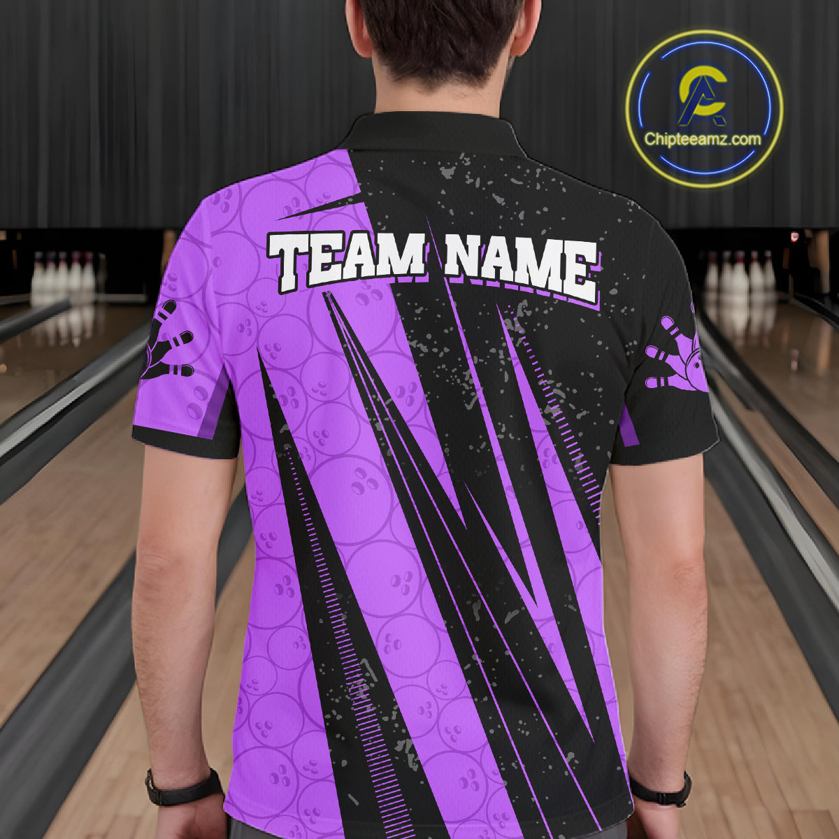 Black And Purple Camo Bowling Polo 1/4 Zip Shirts Custom Team Bowling Jerseys