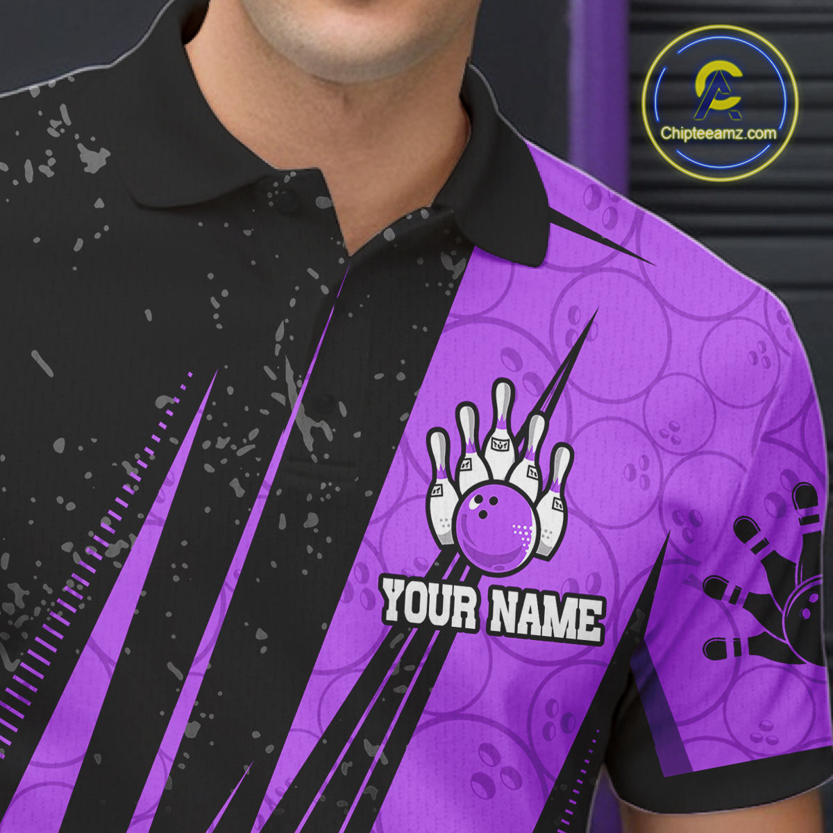 Black And Purple Camo Bowling Polo 1/4 Zip Shirts Custom Team Bowling Jerseys