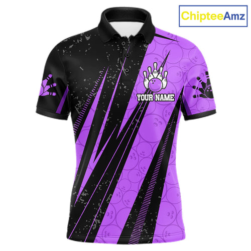 Black And Purple Camo Bowling Polo 1/4 Zip Shirts Custom Team Bowling Jerseys