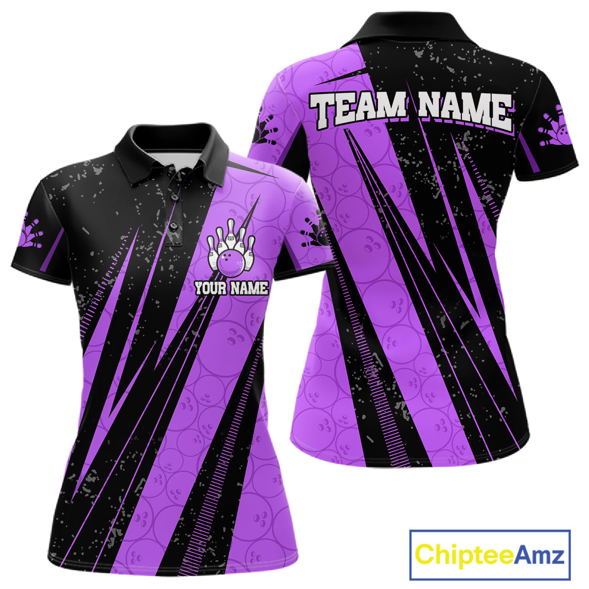 Black And Purple Camo Bowling Polo 1/4 Zip Shirts Custom Team Bowling Jerseys