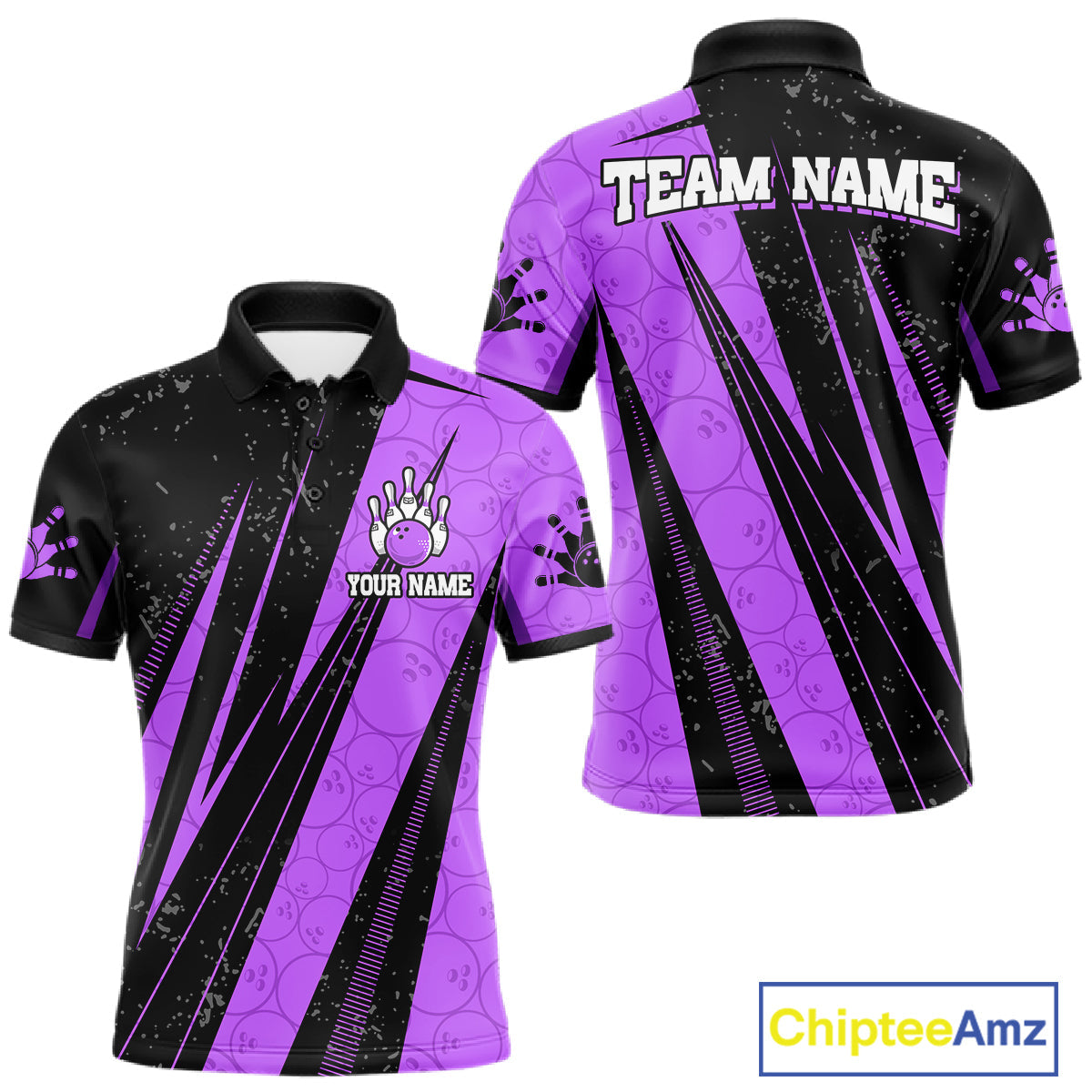 Black And Purple Camo Bowling Polo 1/4 Zip Shirts Custom Team Bowling Jerseys