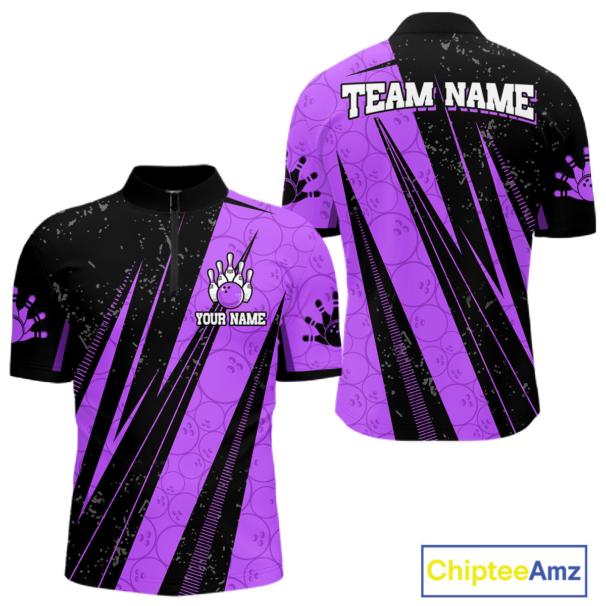 Black And Purple Camo Bowling Polo 1/4 Zip Shirts Custom Team Bowling Jerseys