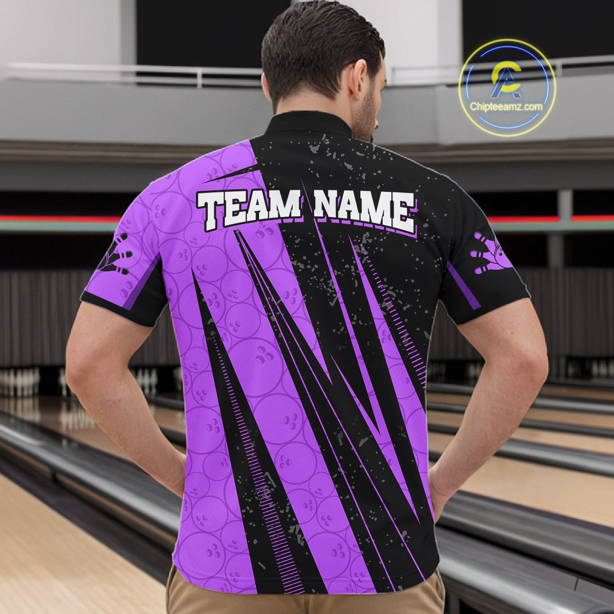 Black And Purple Camo Bowling Polo 1/4 Zip Shirts Custom Team Bowling Jerseys