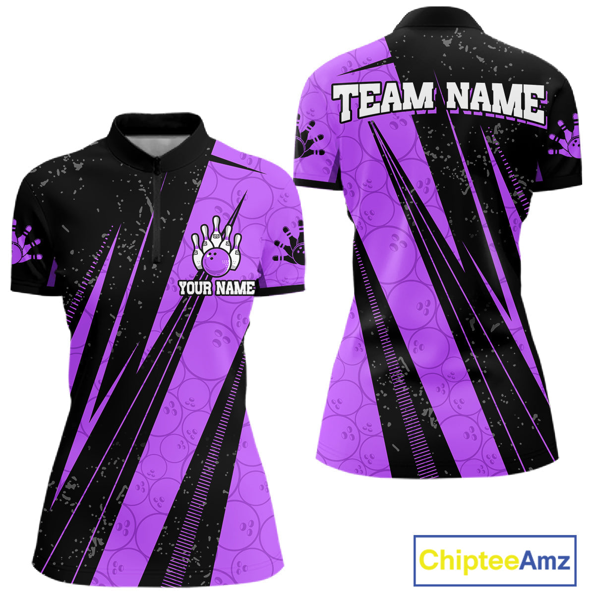 Black And Purple Camo Bowling Polo 1/4 Zip Shirts Custom Team Bowling Jerseys