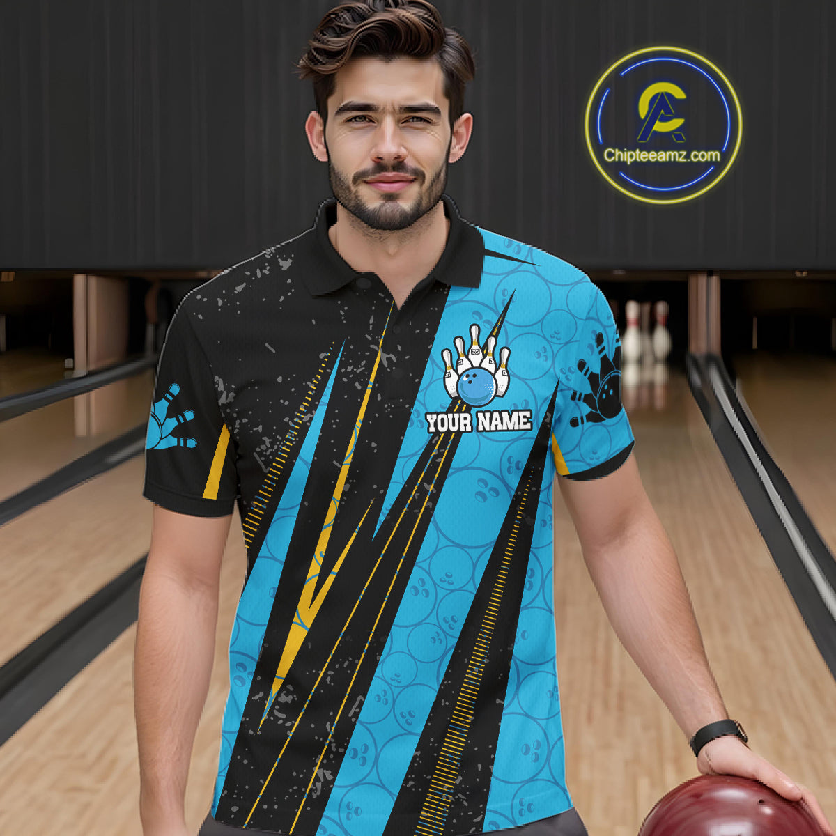 Black, Yellow And Blue Camo Bowling Polo 1/4 Zip Shirts Custom Team Bowling Jerseys