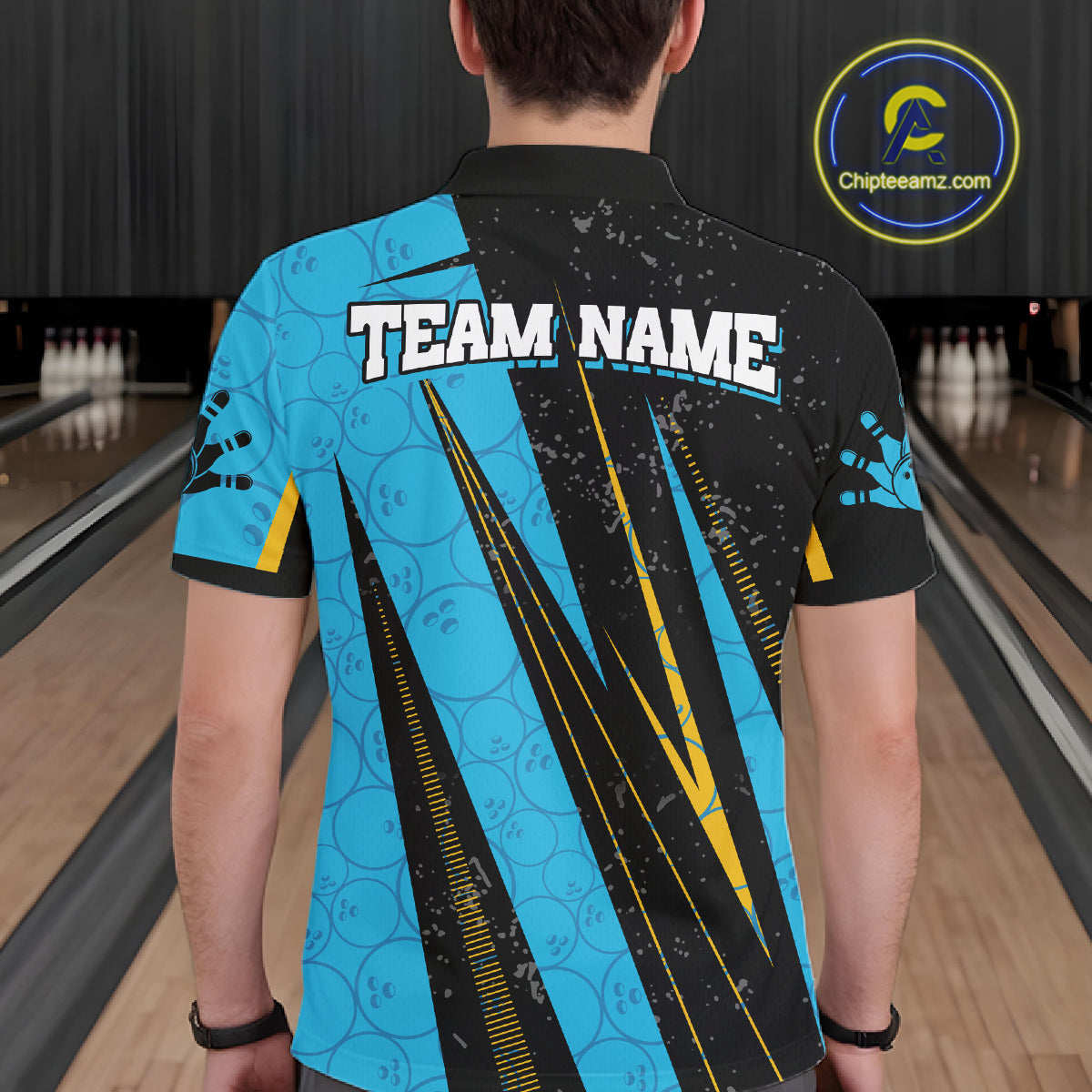 Black, Yellow And Blue Camo Bowling Polo 1/4 Zip Shirts Custom Team Bowling Jerseys