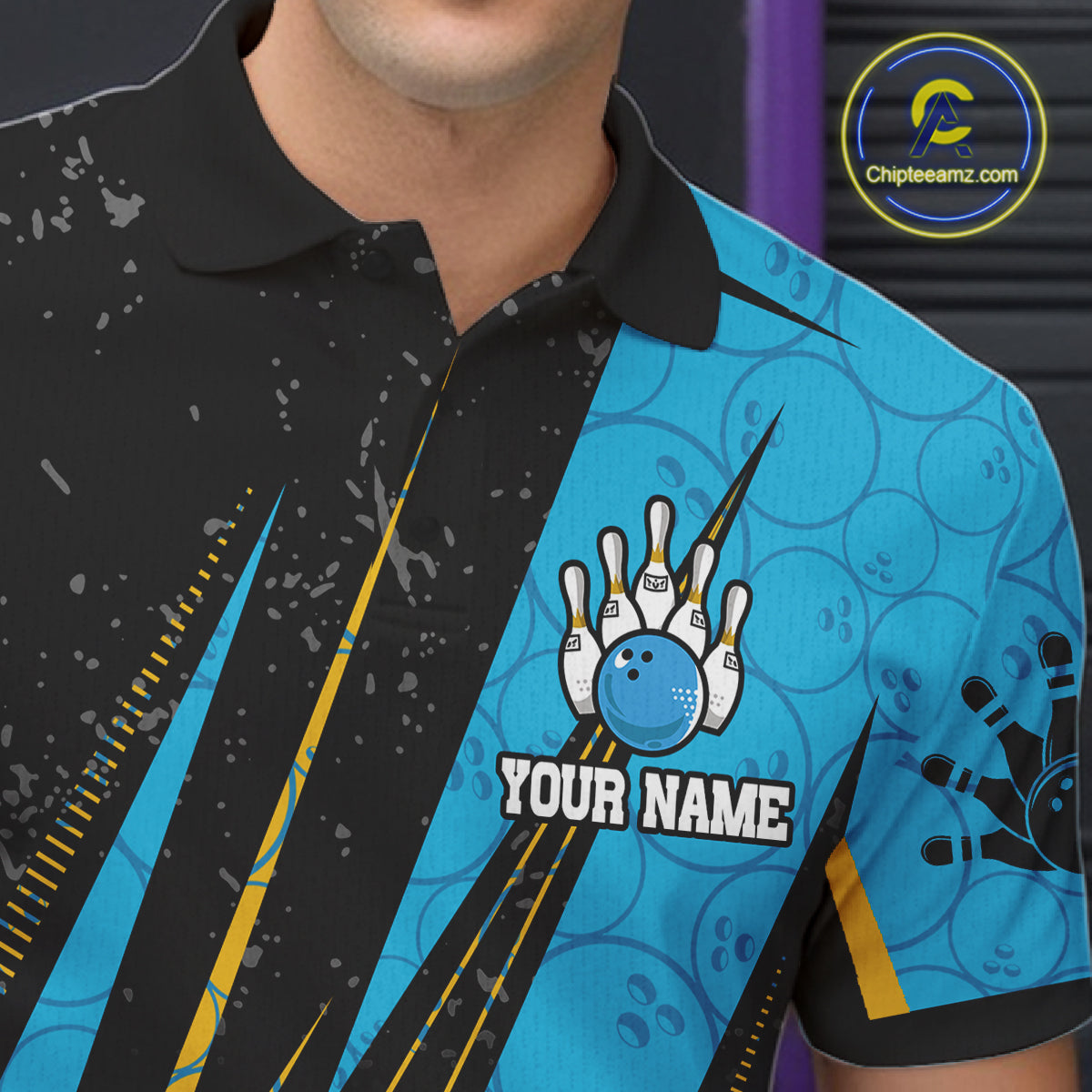 Black, Yellow And Blue Camo Bowling Polo 1/4 Zip Shirts Custom Team Bowling Jerseys