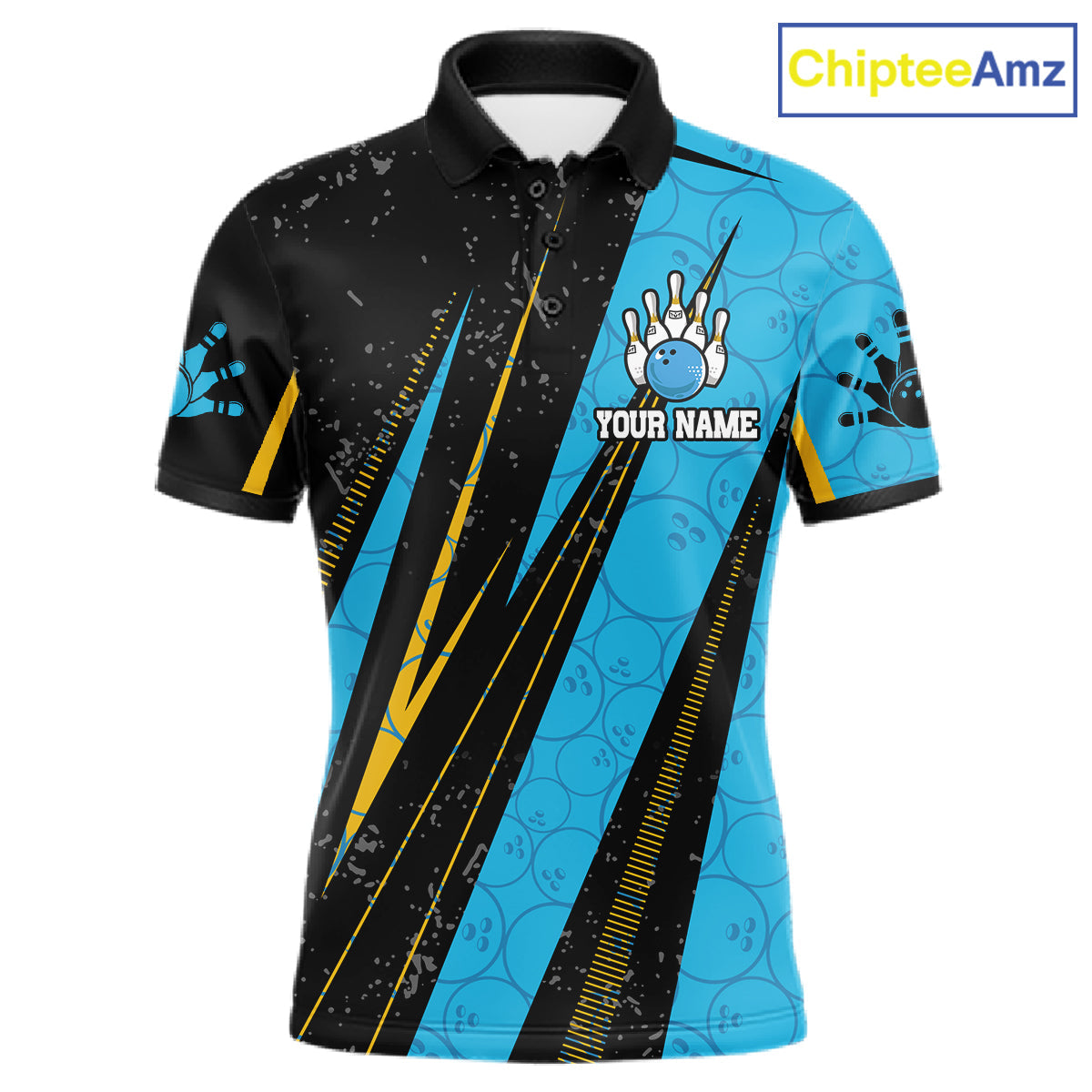 Black, Yellow And Blue Camo Bowling Polo 1/4 Zip Shirts Custom Team Bowling Jerseys
