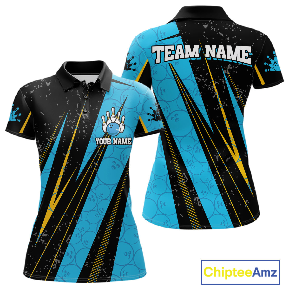 Black, Yellow And Blue Camo Bowling Polo 1/4 Zip Shirts Custom Team Bowling Jerseys