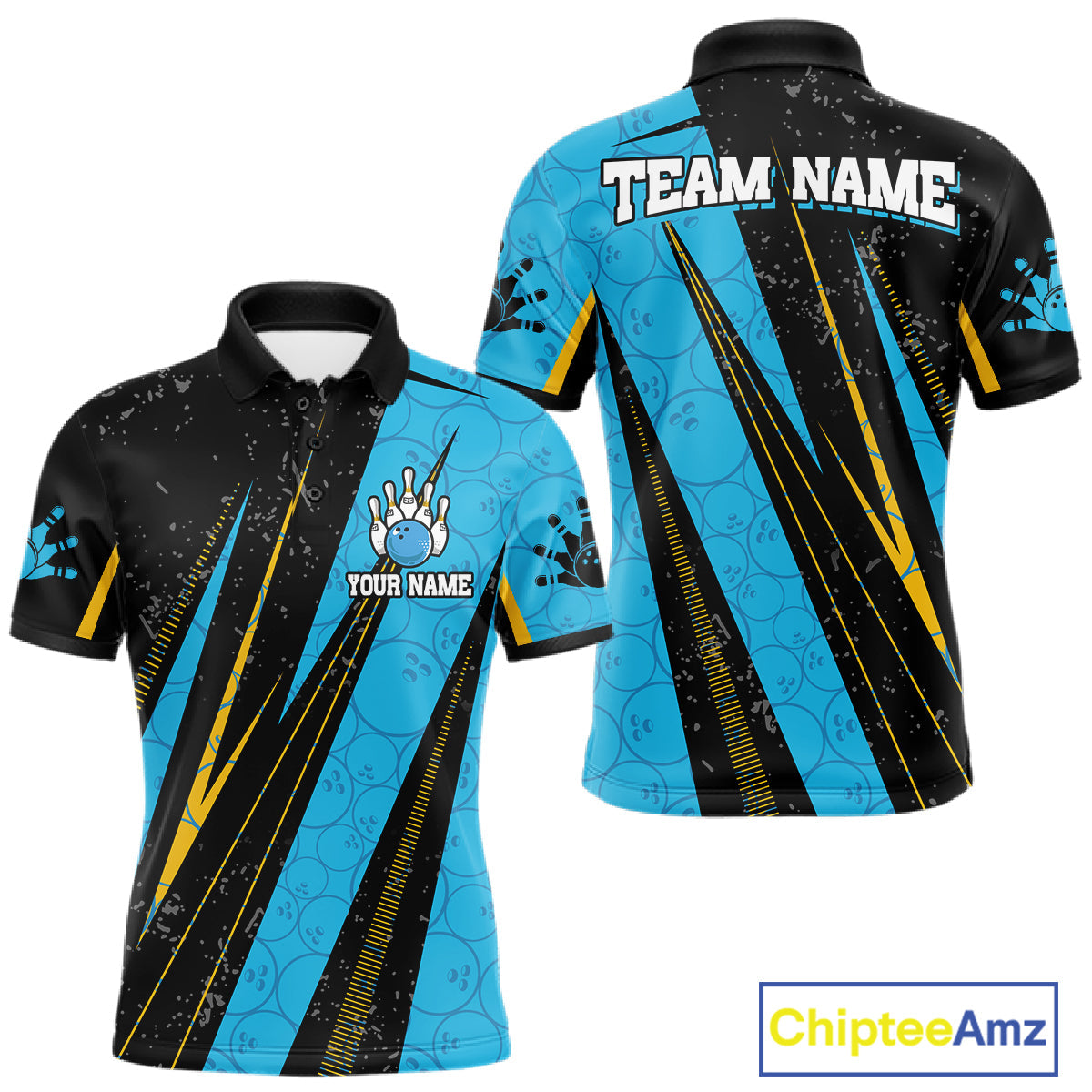 Black, Yellow And Blue Camo Bowling Polo 1/4 Zip Shirts Custom Team Bowling Jerseys