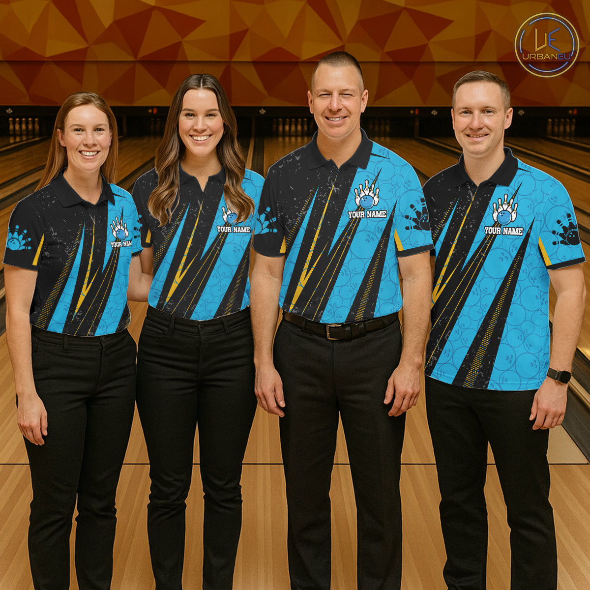 Black, Yellow And Blue Camo Bowling Polo 1/4 Zip Shirts Custom Team Bowling Jerseys