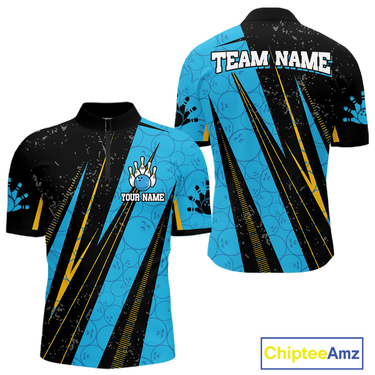Black, Yellow And Blue Camo Bowling Polo 1/4 Zip Shirts Custom Team Bowling Jerseys