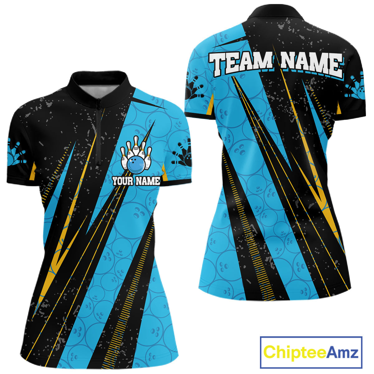Black, Yellow And Blue Camo Bowling Polo 1/4 Zip Shirts Custom Team Bowling Jerseys