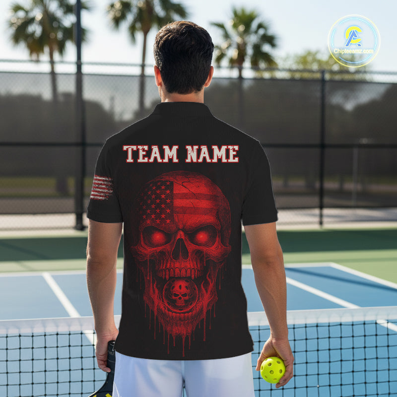 Custom Red Grunge Skull Pickleball Ball League Jerseys US Flag Pickleball Shirts