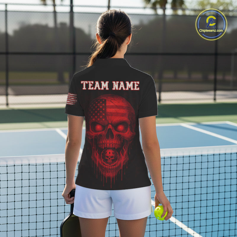 Custom Red Grunge Skull Pickleball Ball League Jerseys US Flag Pickleball Shirts