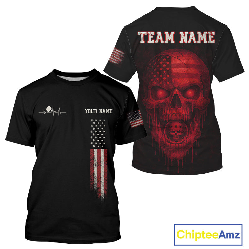 Custom Red Grunge Skull Pickleball Ball League Jerseys US Flag Pickleball Shirts