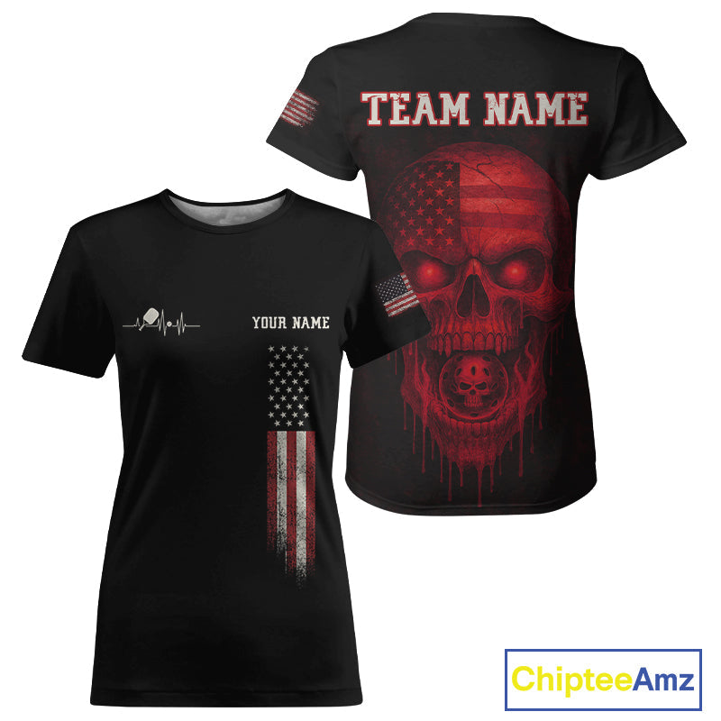 Custom Red Grunge Skull Pickleball Ball League Jerseys US Flag Pickleball Shirts