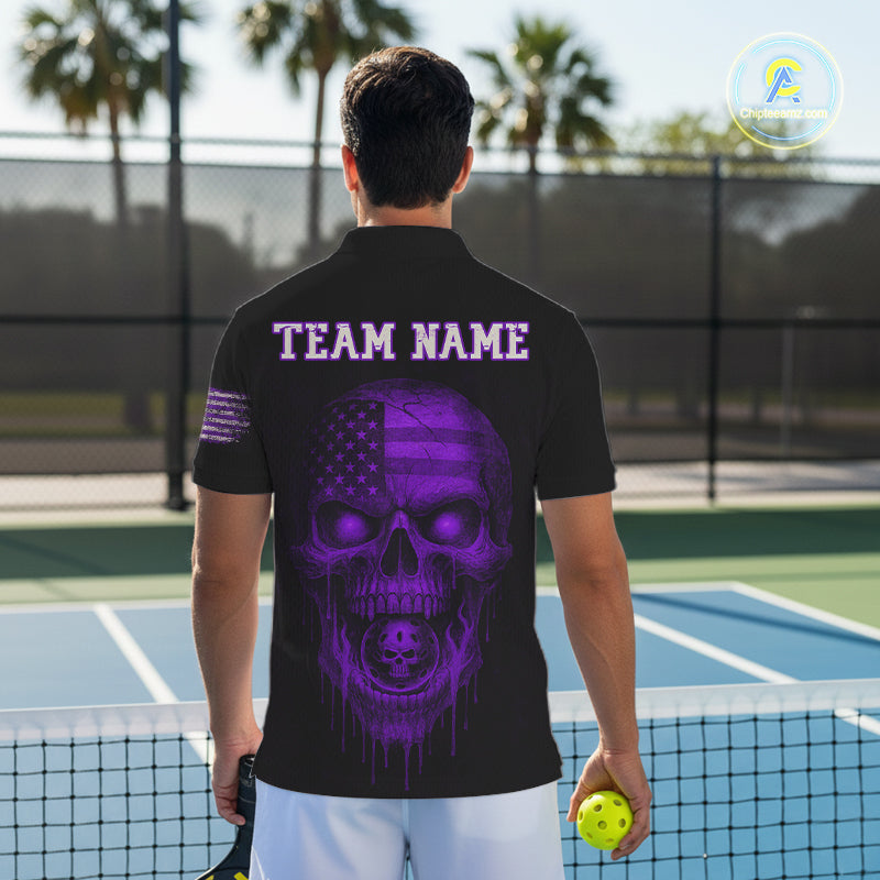 Custom Purple Grunge Skull Pickleball Ball League Jerseys US Flag Pickleball Shirts