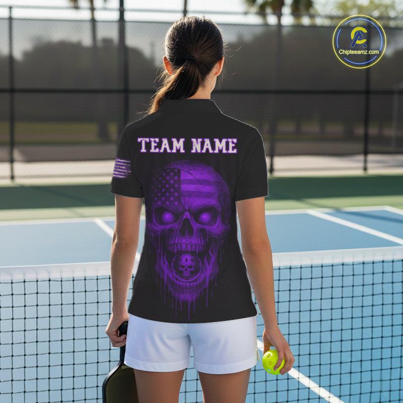 Custom Purple Grunge Skull Pickleball Ball League Jerseys US Flag Pickleball Shirts