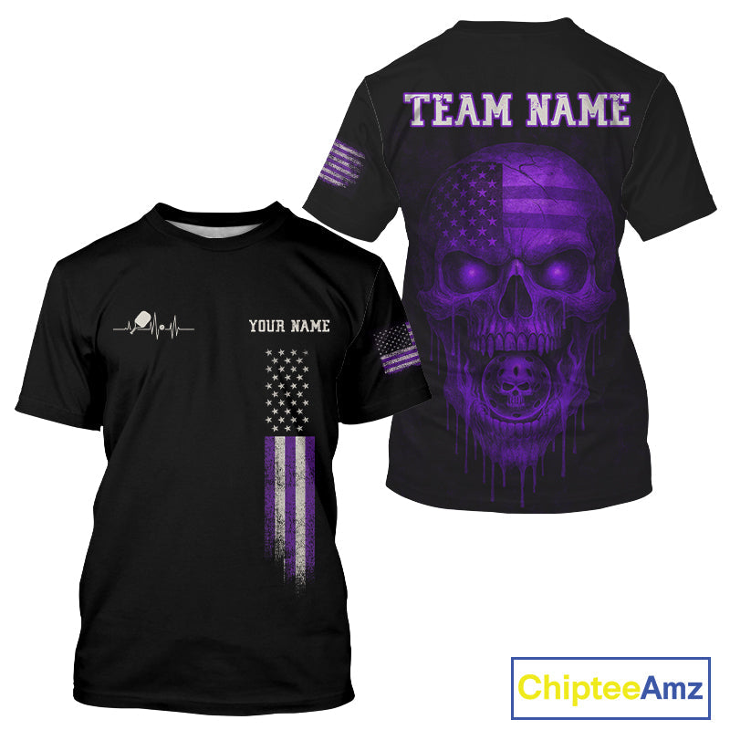 Custom Purple Grunge Skull Pickleball Ball League Jerseys US Flag Pickleball Shirts