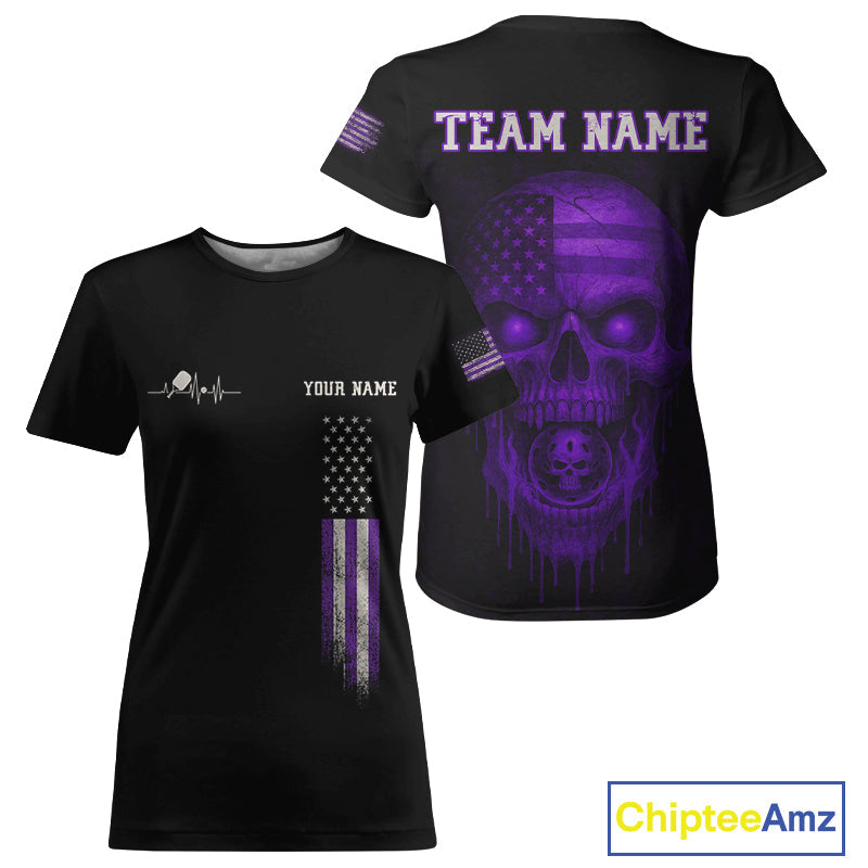 Custom Purple Grunge Skull Pickleball Ball League Jerseys US Flag Pickleball Shirts