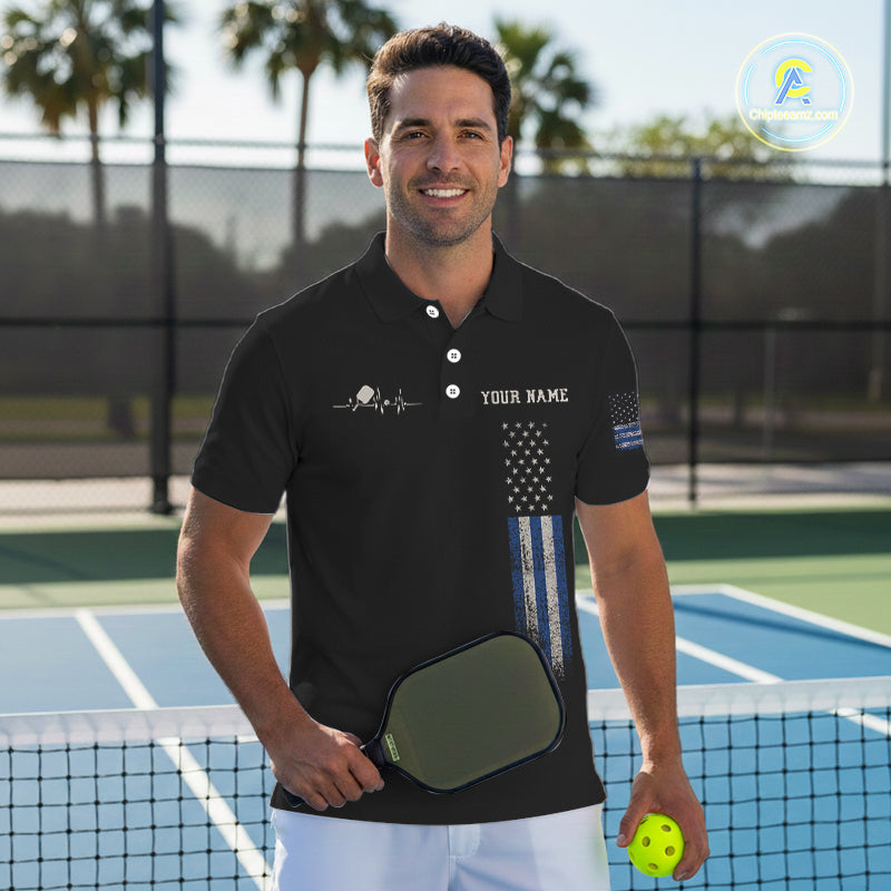 Custom Blue Grunge Skull Pickleball Ball League Jerseys US Flag Pickleball Shirts