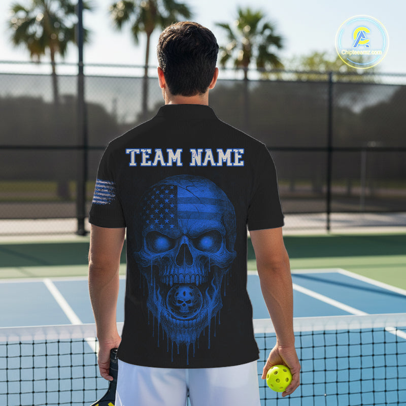 Custom Blue Grunge Skull Pickleball Ball League Jerseys US Flag Pickleball Shirts