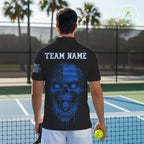 Custom Blue Grunge Skull Pickleball Ball League Jerseys US Flag Pickleball Shirts