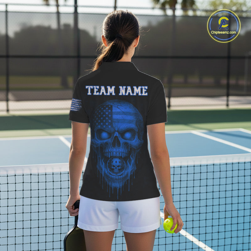 Custom Blue Grunge Skull Pickleball Ball League Jerseys US Flag Pickleball Shirts