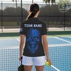 Custom Blue Grunge Skull Pickleball Ball League Jerseys US Flag Pickleball Shirts