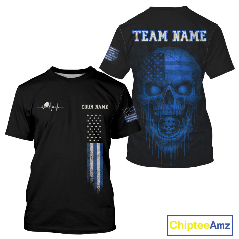 Custom Blue Grunge Skull Pickleball Ball League Jerseys US Flag Pickleball Shirts