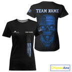 Custom Blue Grunge Skull Pickleball Ball League Jerseys US Flag Pickleball Shirts