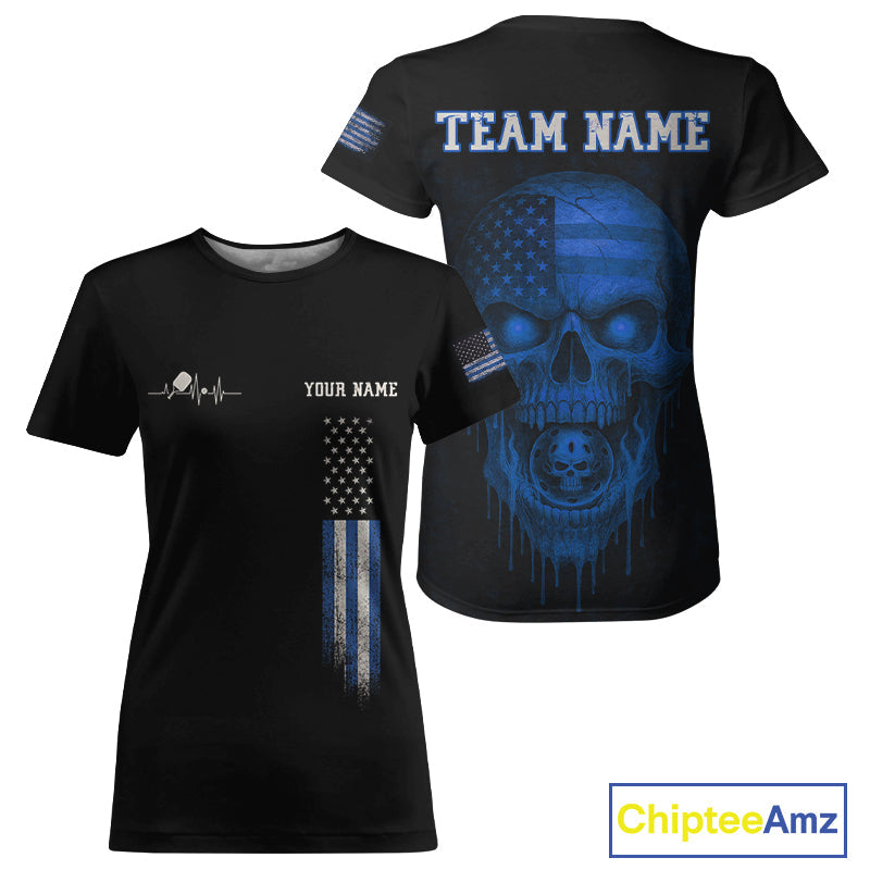 Custom Blue Grunge Skull Pickleball Ball League Jerseys US Flag Pickleball Shirts