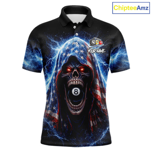US Flag Thunder Grim Reaper 8 Ball 9 Ball Pool Billiard Shirt Custom Patriotic Billiard Apparel