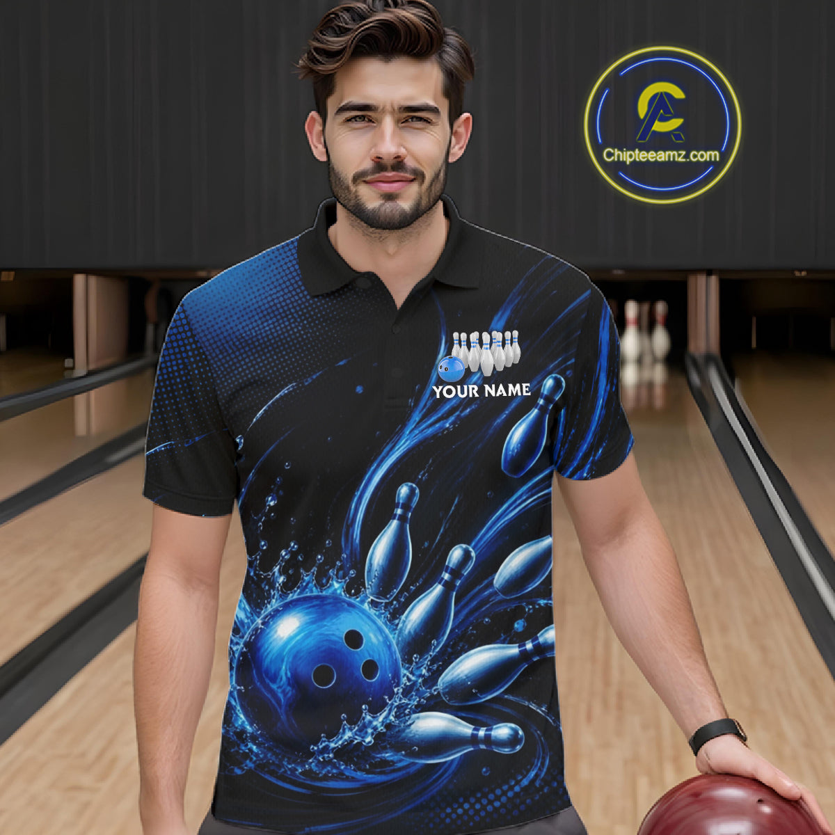 Blue Watering Bowling Ball & Pins Jerseys Custom Splatter Bowling Shirt Team Attire