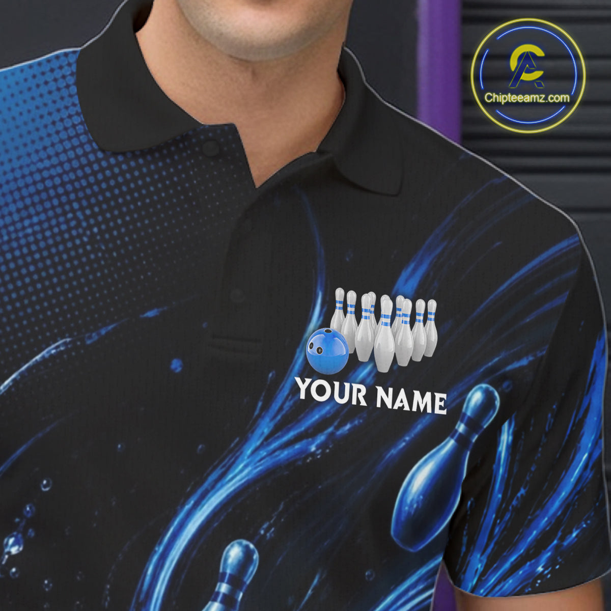 Blue Watering Bowling Ball & Pins Jerseys Custom Splatter Bowling Shirt Team Attire