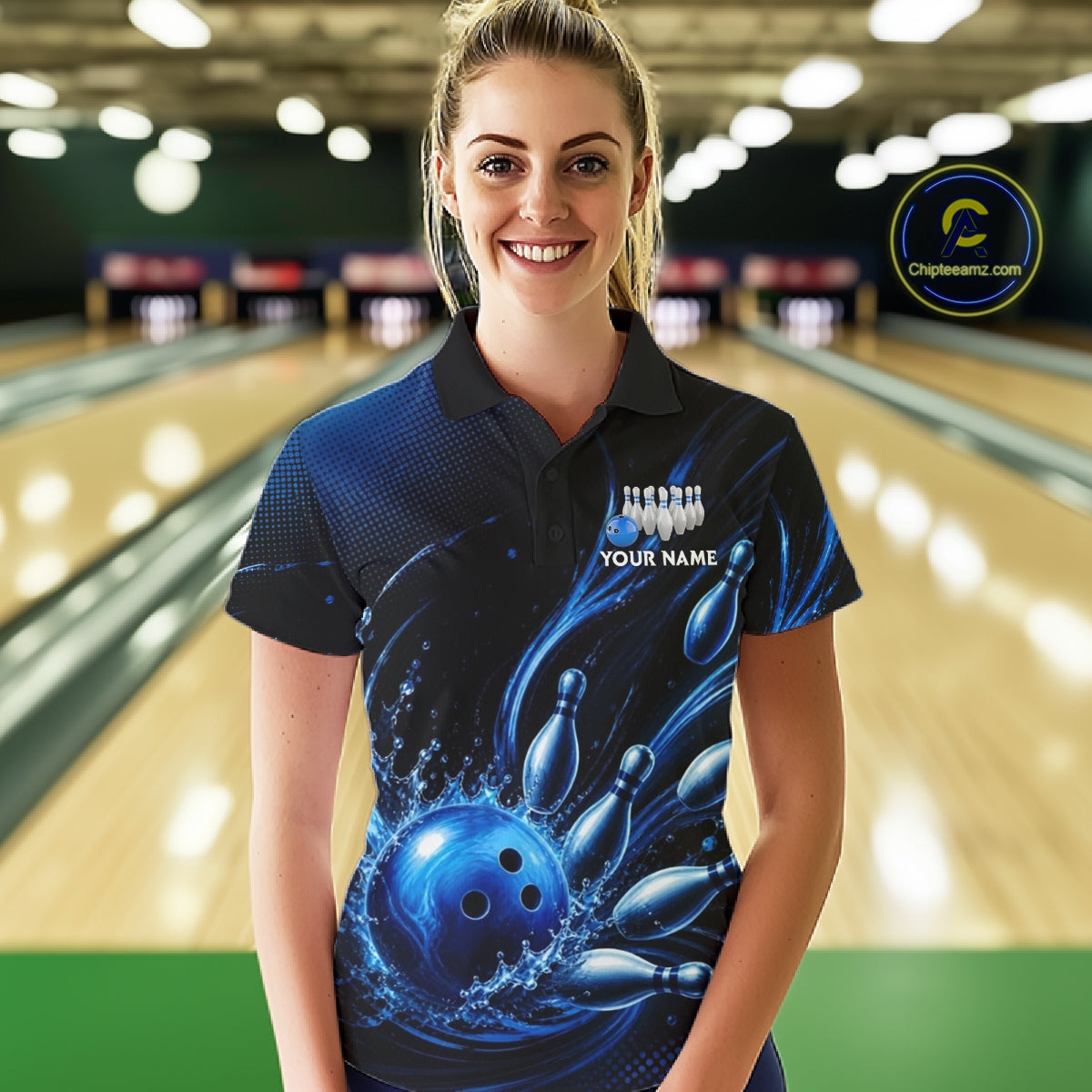 Blue Watering Bowling Ball & Pins Jerseys Custom Splatter Bowling Shirt Team Attire
