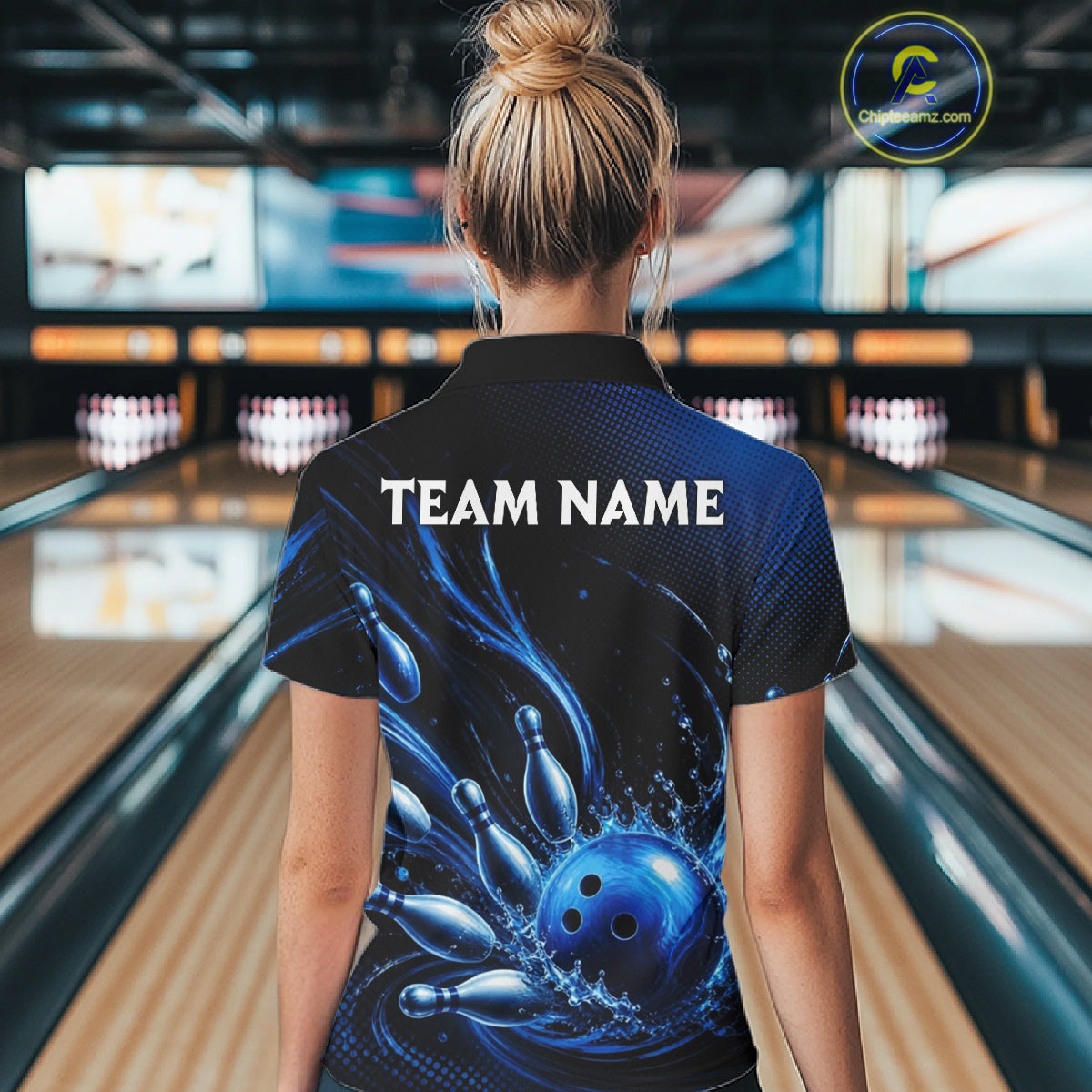 Blue Watering Bowling Ball & Pins Jerseys Custom Splatter Bowling Shirt Team Attire