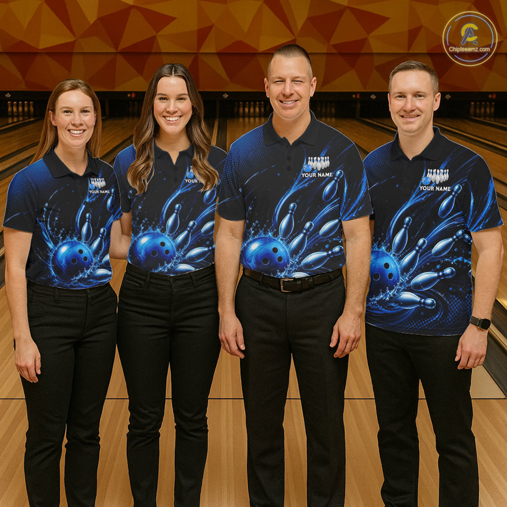 Blue Watering Bowling Ball & Pins Jerseys Custom Splatter Bowling Shirt Team Attire