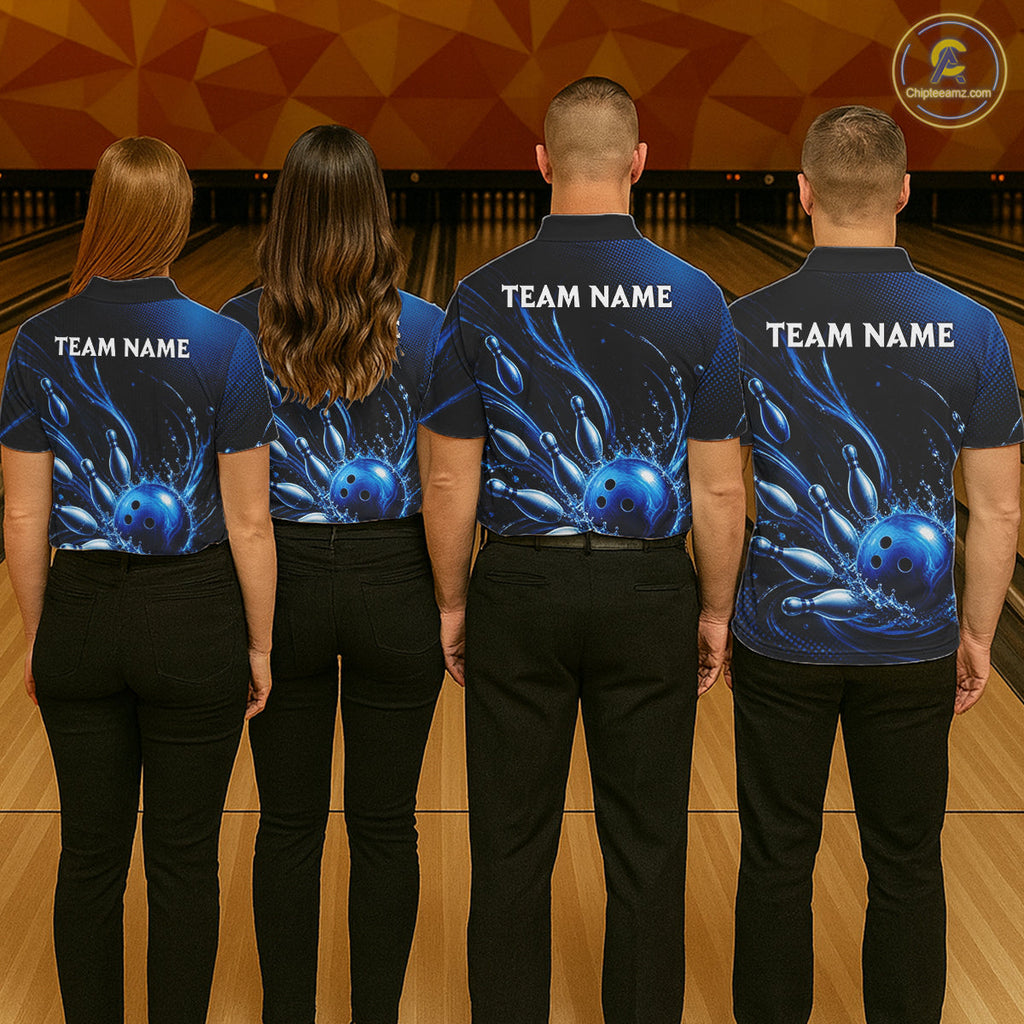 Blue Watering Bowling Ball & Pins Jerseys Custom Splatter Bowling Shirt Team Attire